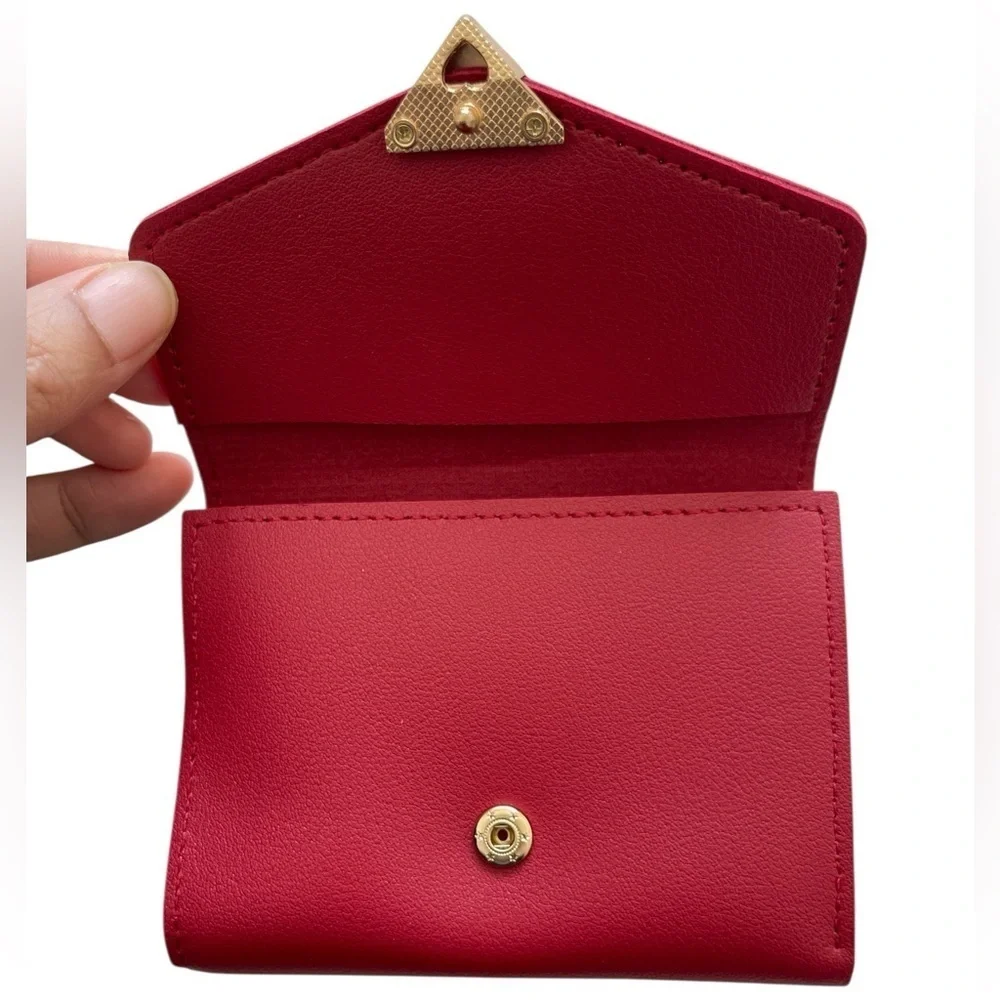 Red Faux Leather Tri-fold Wallet With A Geometric Hold Heart Tone Buckle